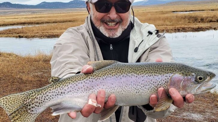 in front of a snowy mammoth mountain a fly angler hold a very large rainbow trout over the upper owens river
