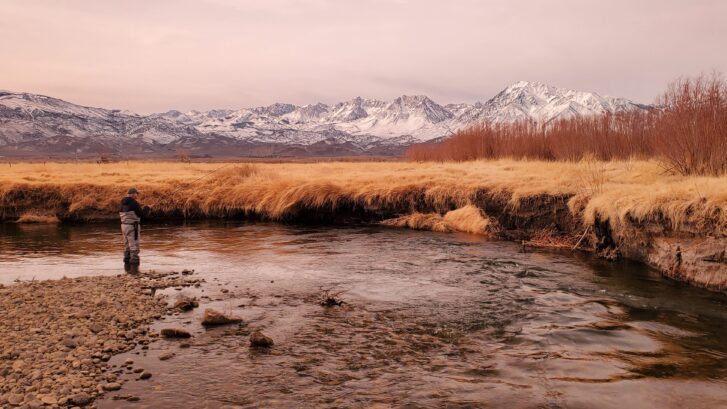 a beautiful winter scene with the Lower Owens River and the Sierras covered in snow in the background. Near Bishop California