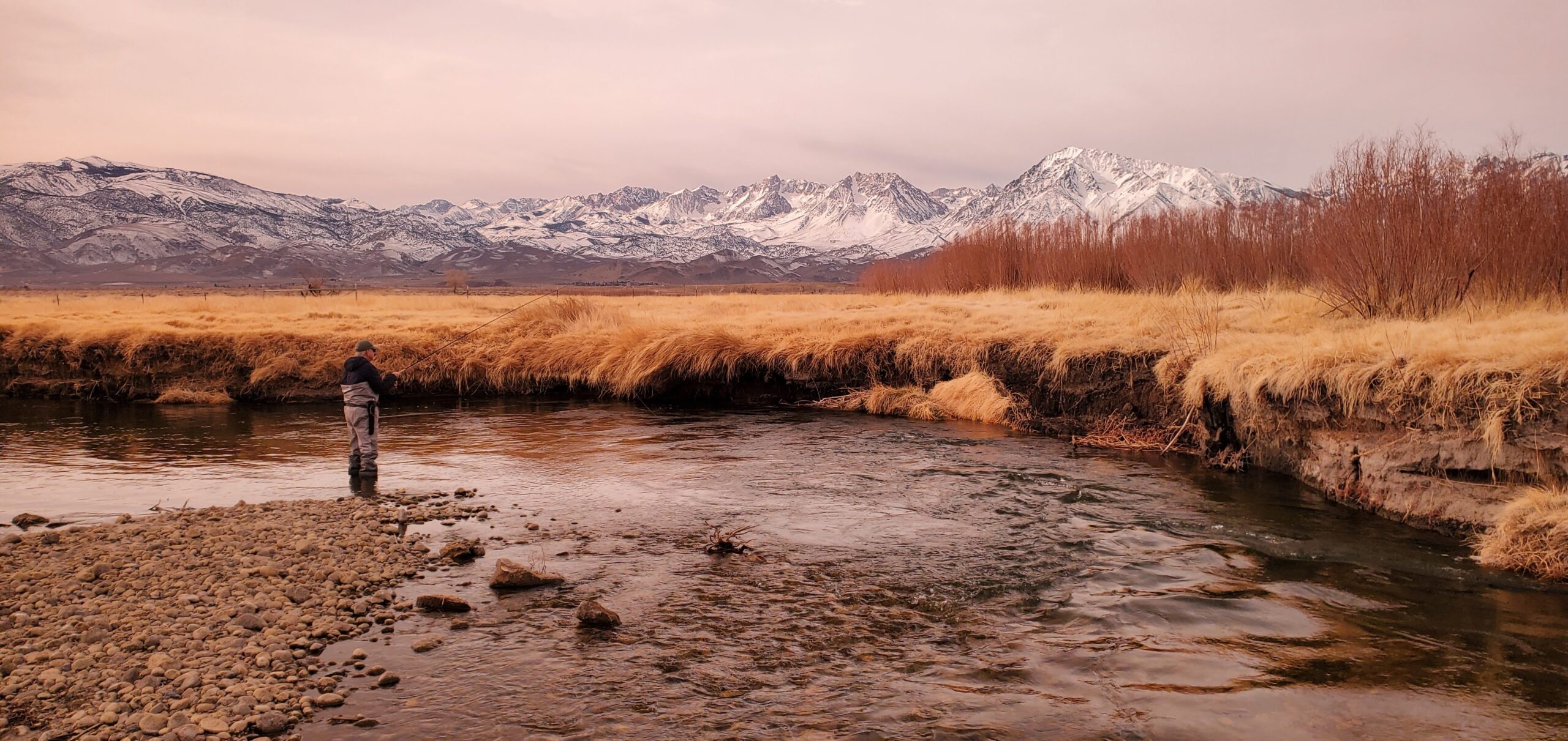 a beautiful winter scene with the Lower Owens River and the Sierras covered in snow in the background. Near Bishop California